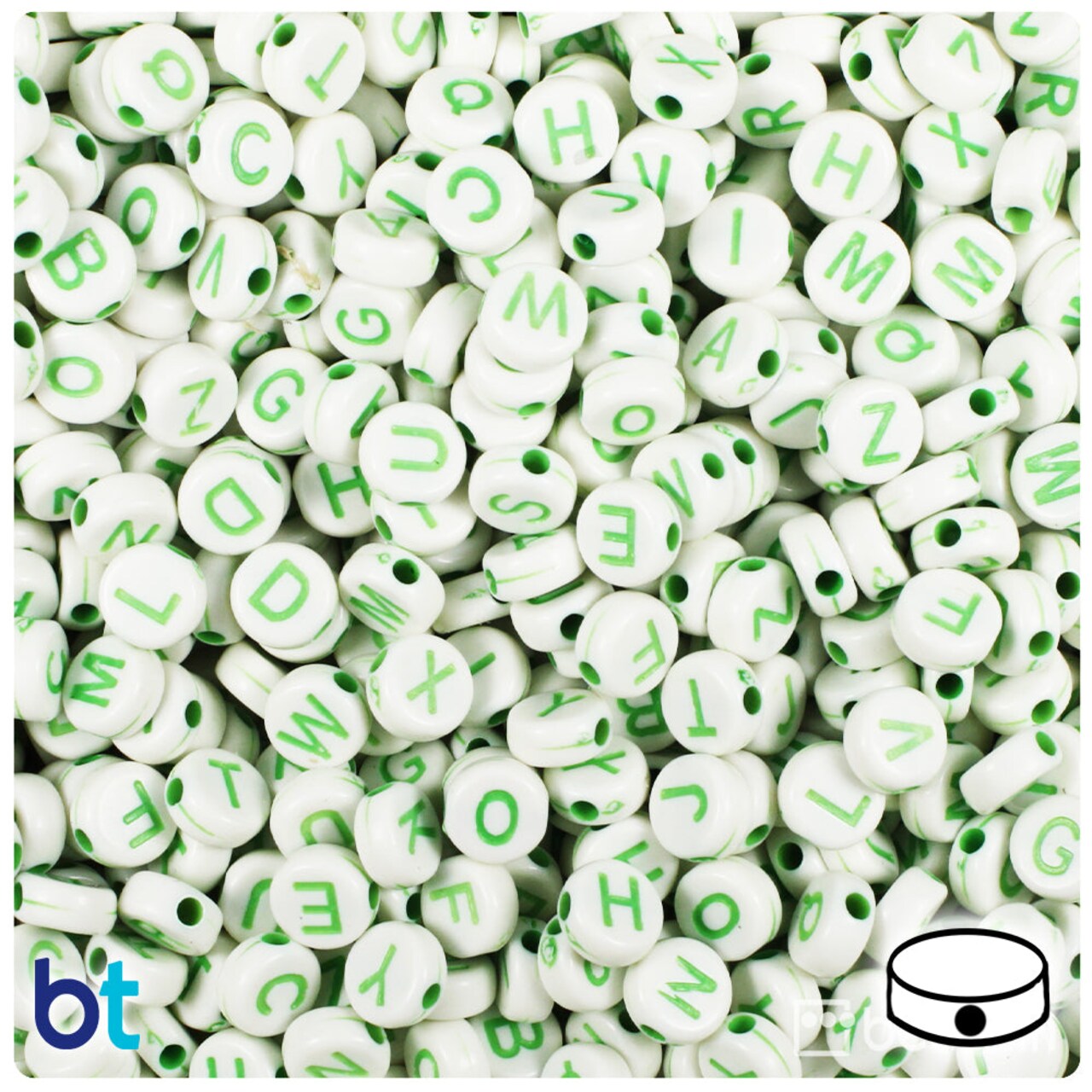 BeadTin White Opaque 7mm Coin Plastic Alpha Beads - Green Letter Mix (250pcs)